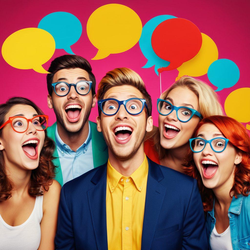 A whimsical scene featuring a diverse group of people laughing heartily together, surrounded by colorful comic-style speech bubbles showcasing silly jokes and puns. Include exaggerated facial expressions and props like rubber chickens and oversized glasses to enhance the humor. The background should be bright and cheerful, evoking a sense of joy and entertainment. cartoonish style. vibrant colors. fun and playful ambiance.