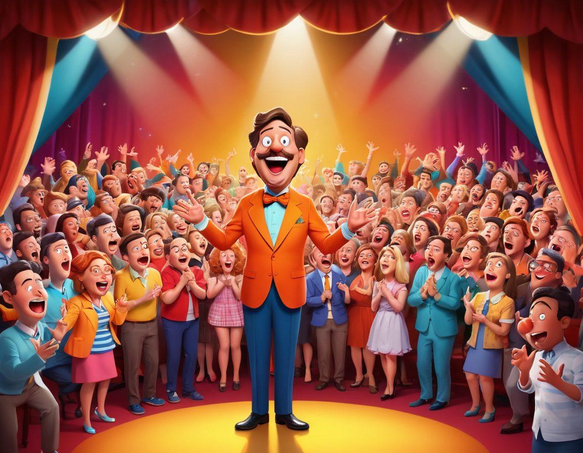 A whimsical scene depicting a stage with a comedian telling jokes, while a diverse audience erupts in laughter, showcasing the transition from cringeworthy expressions to uncontrollable hilarity. Colorful gags and props scatter around the stage, emphasizing the comedic atmosphere. Bright spotlight and vibrant colors enhance the joyful mood. cartoon style. vibrant colors. energetic background.