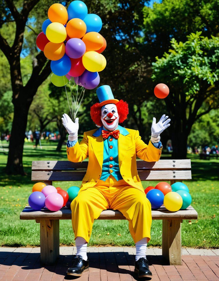 A whimsical scene of a clown juggling colorful balls while sitting on a wooden bench in a sunny park, where people around are holding their sides with laughter. Incorporate a vibrant atmosphere with oversized comic-like speech bubbles displaying puns and bad jokes floating in the air. The background features trees, a park fountain, and playful animals joining in the fun. cartoonish style. bright colors. fun and light-hearted.